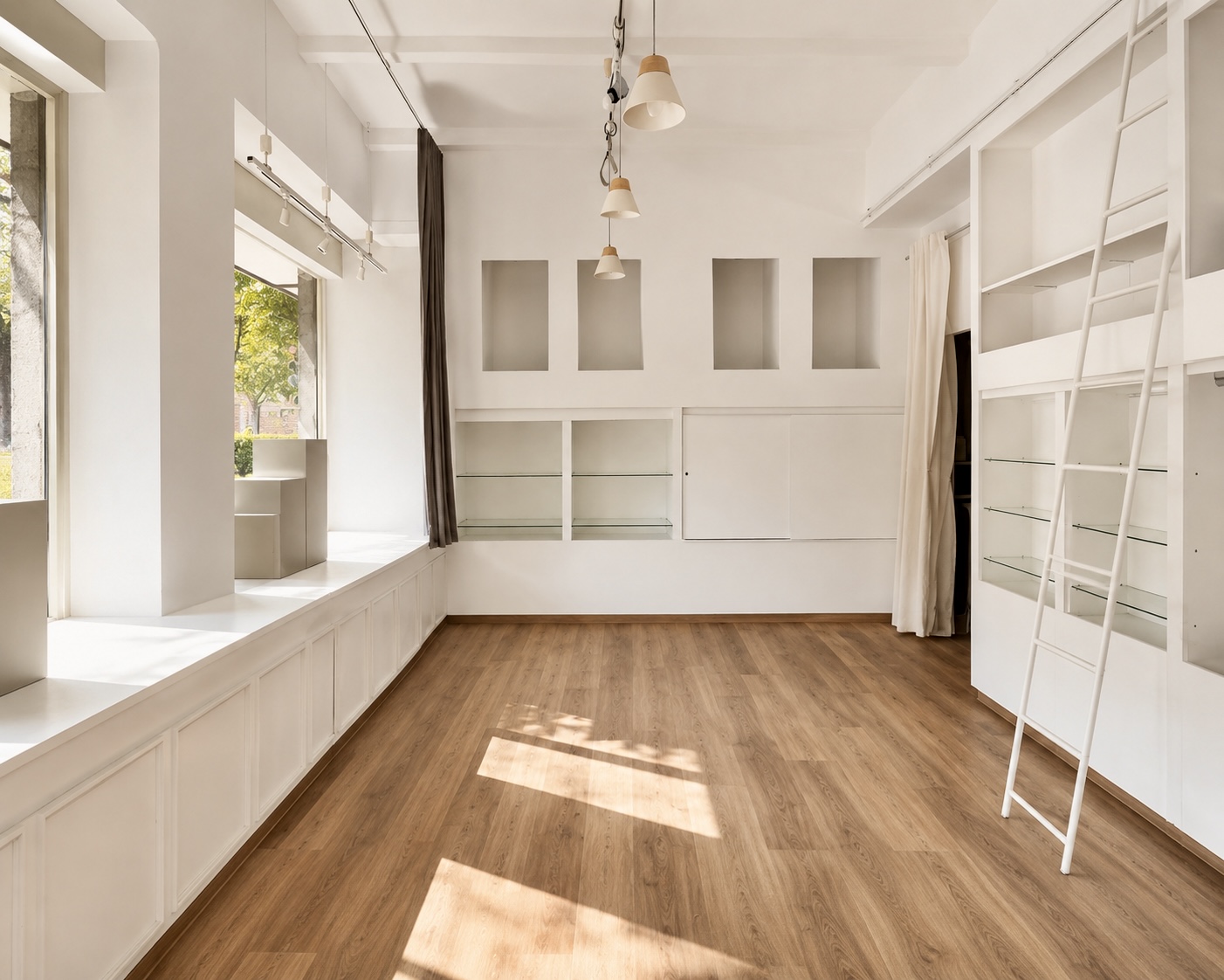 Sunday Studios — heller kreativer Raum mit Display-Nischen und Pendelleuchten
